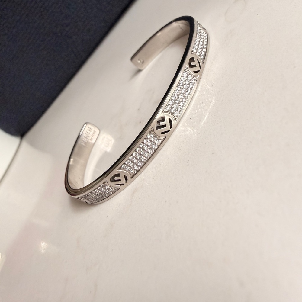 Fendi Crystal Silver Tone Open Cuff Bracelet S - Picture 6 of 11